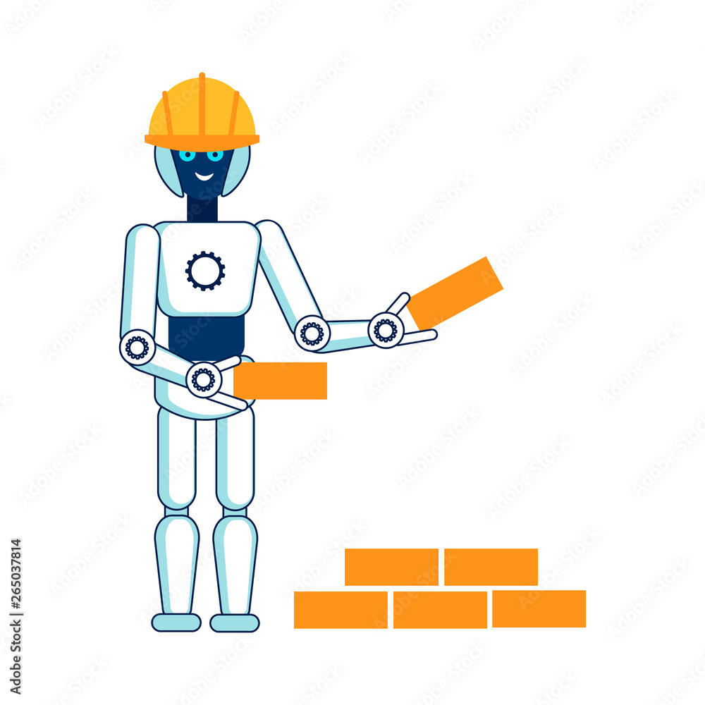 Robot Helps in Building House Flat Illustration Robot Helps in Building House Flat Illustration
