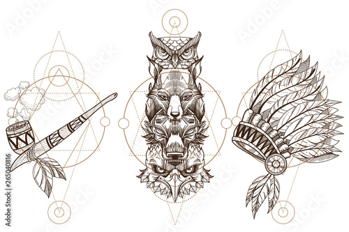 Totem eagle, wolf, fox and owl illustration for creating sketches of tattoos, printing on clothes, design of posters and leaflets. A set of outline illustrations with sketches of tattoos.