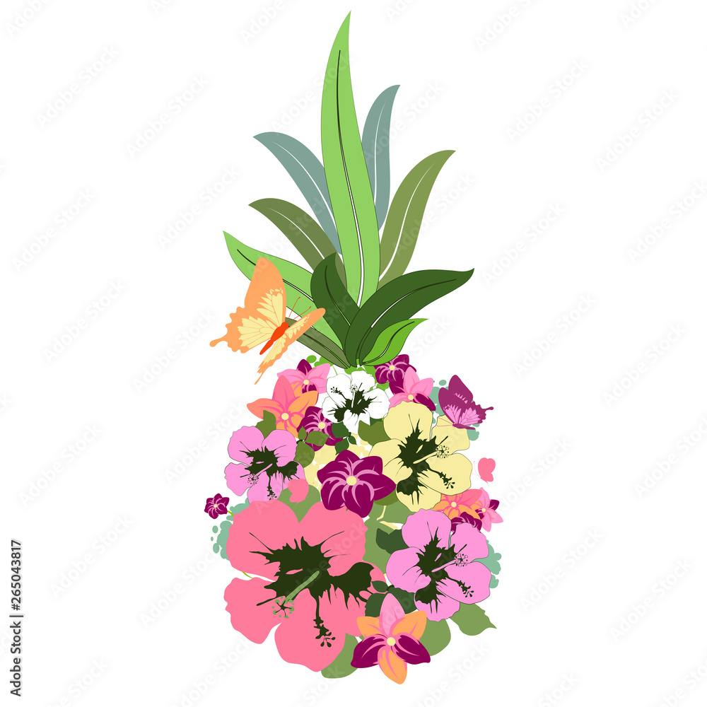 Pineapple with Hawaiian flowers, exotic fruit, isolated on a white Pineapple with Hawaiian flowers, exotic fruit, isolated on a white