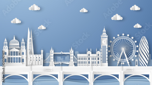 Illustration of city scene with famous architectures in London, England. Elements of London city, England. London city scene of England. paper cut and craft style. vector, illustration.