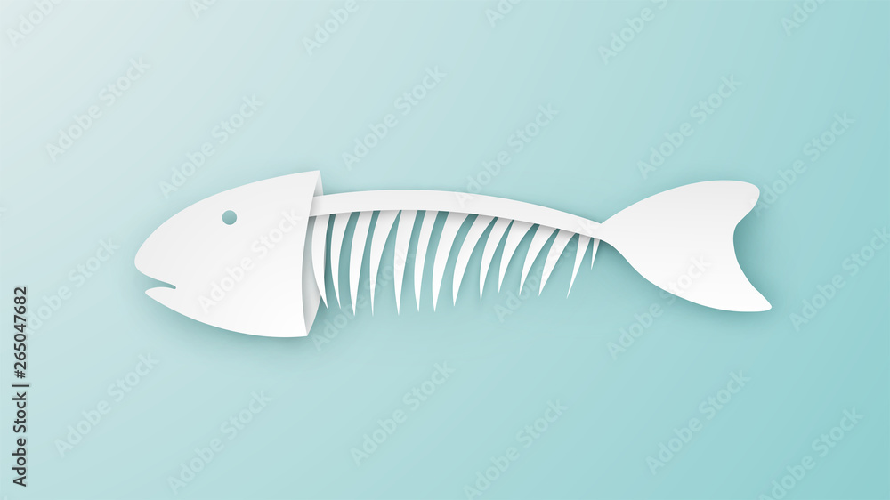 Fishbone design in paper cut style on pastel color. Mackerel Fish bone