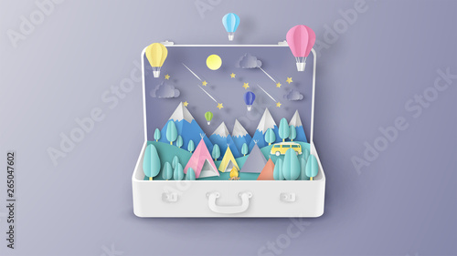 Illustration of creative design Camping in the forest inside suitcase. Family Adventure Camping. Graphic design for Camping in summer. paper cut and craft style. vector, illustration.