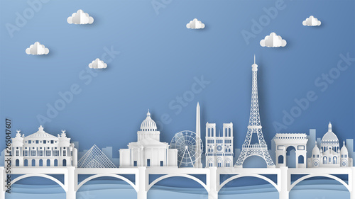 Illustration of city scene with famous architectures in Paris, France. Elements of Paris city, France. Paris city scene of France. paper cut and craft style. vector, illustration.