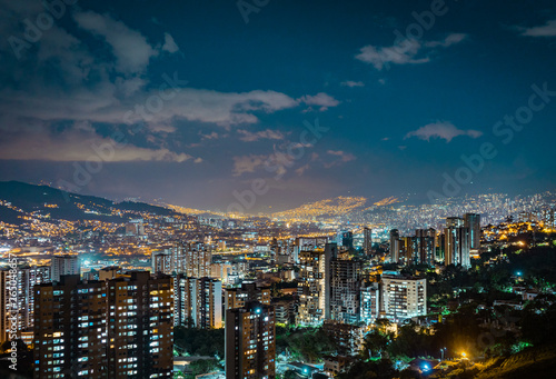 Medellin city landscape in the night with city lights