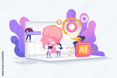 Brain with neural network on laptop and scientists, tiny people. Artificial intelligence,machine learning, data science and cognitive computing concept. Vector isolated concept creative illustration.