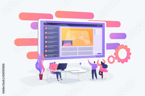 Gamer at computer streaming and commentating game process, tiny people. Video game walkthrough, popular video content, gaming video stream concept. Vector isolated concept creative illustration.