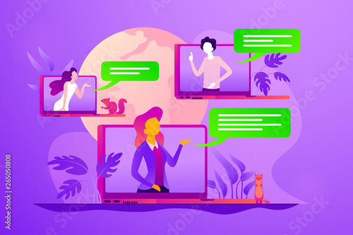 Web seminars and webcasts, peer-level web meetings, collaborative sessions and webinar concept. Vector isolated concept illustration with tiny people and floral elements. Hero image for website.