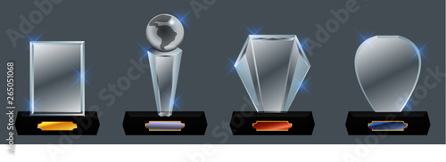 Set of Glass trophy award. Vector award on gradient gray background, easy to modify