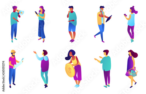 Tiny business people isometric 3D illustration set. Marketer with megaphone and businesswoman with smartphone, builder and customer with basket, manager showing concept. Isolated on white background.
