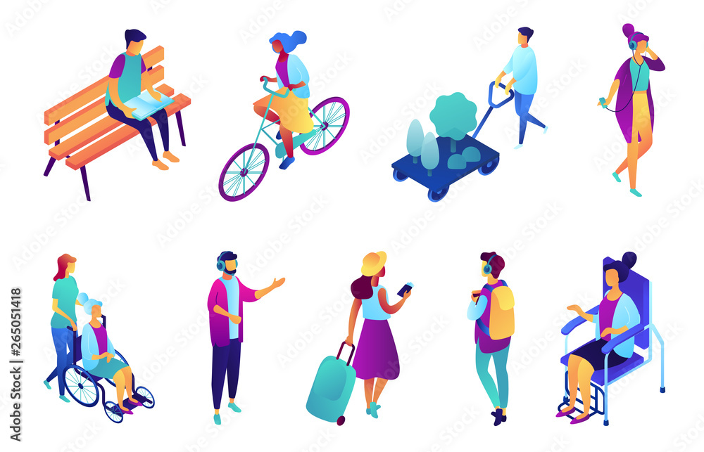 Tiny people outdoors, traveling isometric 3D illustration set. Student reading and riding a bike, gardening and talk on phone, listen to music and elderly care concept. Isolated on white background.