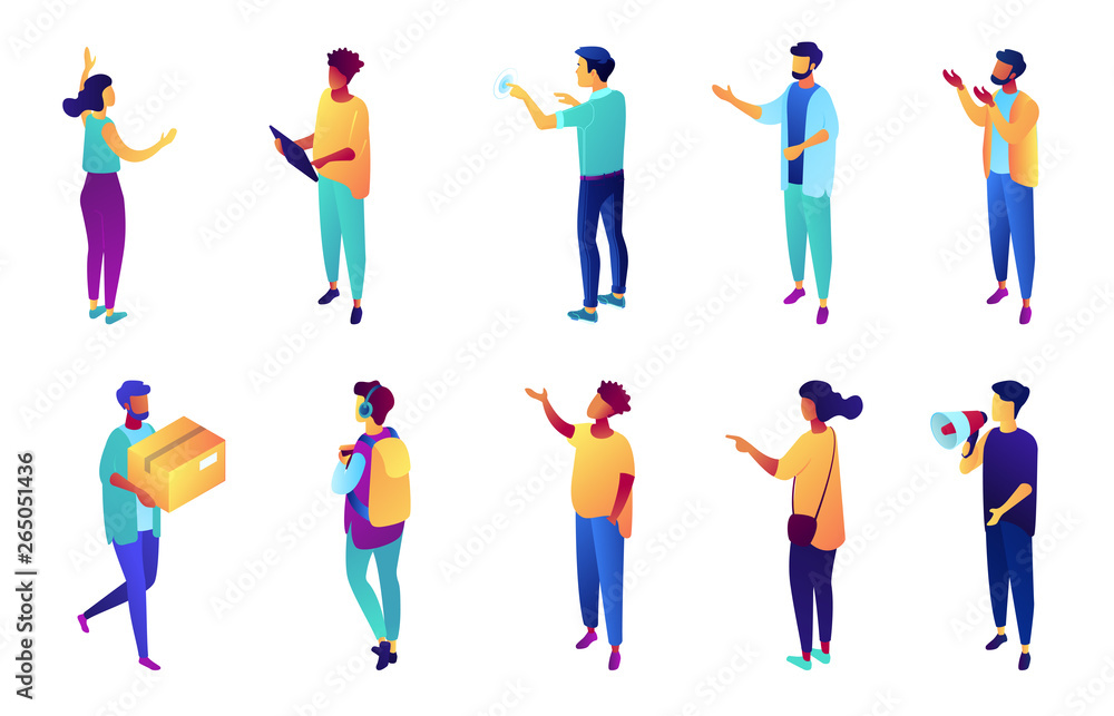 Businesspeople with raised hand showing, tiny people isometric 3D illustration set. Manager pointing at something presenting, advertising, megaphone announcement concept. Isolated on white background.