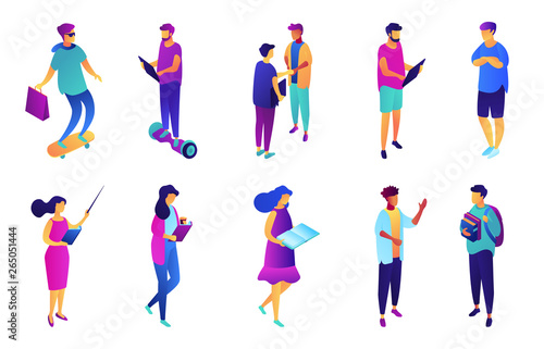 Students and business people, tiny people isometric 3D illustration set. Young professional with tablet, manager, teacher and study at highschool, teenager concept. Isolated on white background.