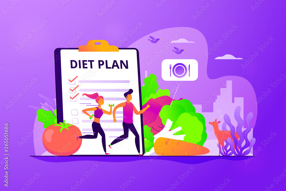 Fototapeta premium Tiny people fit couple training, nutrition control, diet plan and vegetables. Weight loss diet, low-carb diet, healthy meal food concept. Vector isolated concept creative illustration.