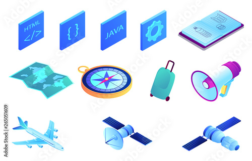 Satellite and web development isometric 3D illustration set. Coding symbols, map and compass, suitcase and travelling by airplane, megaphone and notebook concept. Isolated on white background.