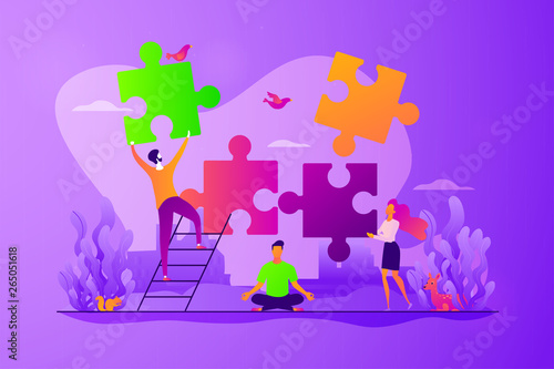 Mindful meditating, mental calmness and self-consciousness, focusing and releasing stress concept. Vector isolated concept illustration with tiny people and floral elements. Hero image for website.