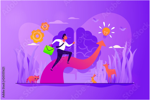 Imagination and vision, creative thinking, ideas and fantasy, motivation and inspiration concept. Vector isolated concept illustration with tiny people and floral elements. Hero image for website.