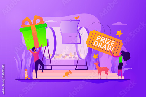 Prize draw, online random draw, promotional marketing and winning the lottery concept. Vector isolated concept illustration with tiny people and floral elements. Hero image for website.