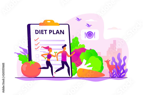 Tiny people fit couple training, nutrition control, diet plan and vegetables. Weight loss diet, low-carb diet, healthy meal food concept. Vector isolated concept creative illustration.