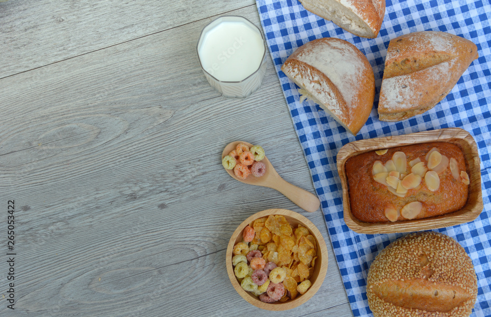 Breakfast table with cereals, coffee and White bread Breakfast table with cereals, coffee and White bread