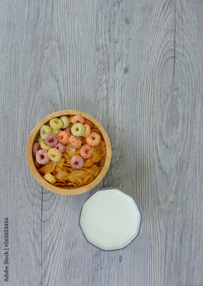 Breakfast table with cereals, coffee and White bread Breakfast table with cereals, coffee and White bread