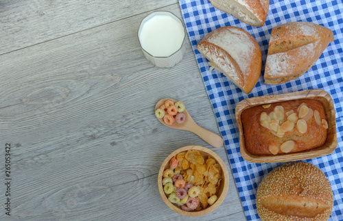 Fototapeta Naklejka Na Ścianę i Meble -  Breakfast table with cereals, coffee and White bread