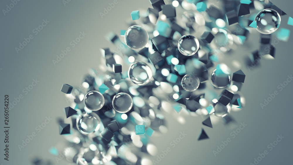 Chaotic stream of flying geometric shapes 3D render