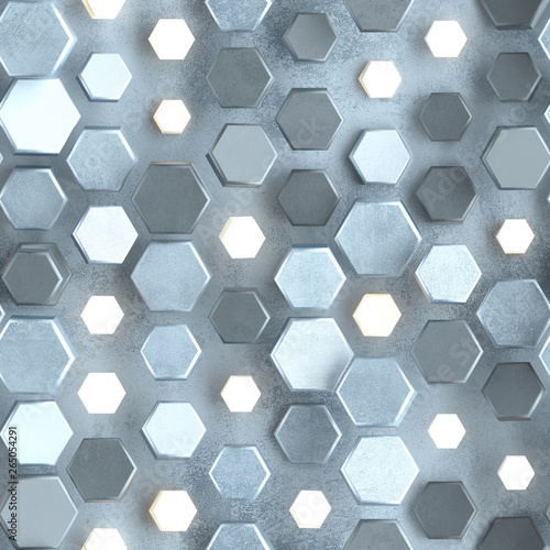 Seamless pattern of concrete wall with glowing hexagons