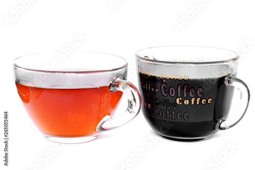 Pair of glass cup of hot golden tea and black strong coffee with handles turned in one direction on white background. Isolated