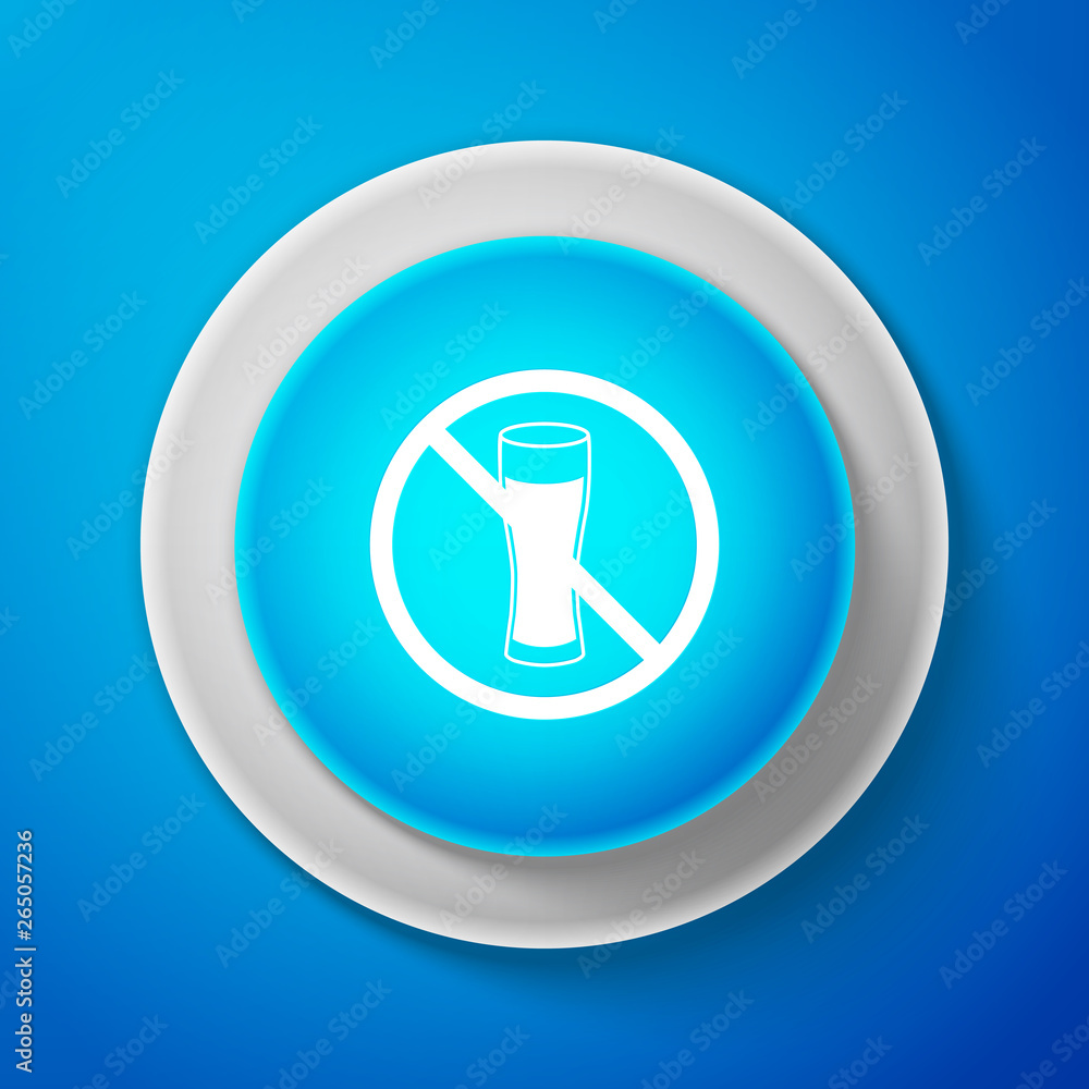 No alcohol icon isolated on blue background. Prohibiting alcohol beverages. Forbidden symbol with beer bottle glass. Circle blue button. Vector Illustration No alcohol icon isolated on blue background. Prohibiting alcohol beverages. Forbidden symbol with beer bottle glass. Circle blue button. Vector Illustration