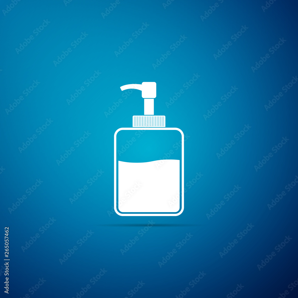 Hand sanitizer bottle icon isolated on blue background. Disinfection concept. Washing gel. Alcohol bottle for hygiene. Vector Illustration Hand sanitizer bottle icon isolated on blue background. Disinfection concept. Washing gel. Alcohol bottle for hygiene. Vector Illustration