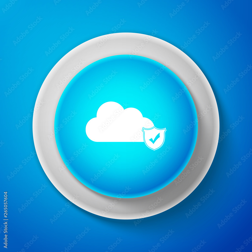 Cloud and shield with check mark icon on blue background. Cloud storage data protection. Security, safety, protection, privacy concept. Cloud computing. Circle blue button. Vector Illustration Cloud and shield with check mark icon on blue background. Cloud storage data protection. Security, safety, protection, privacy concept. Cloud computing. Circle blue button. Vector Illustration