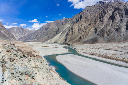 Beautiful mountain landscape of Turtuk valley and the Shyok river. Turtuk is the last village of India on the India - Pakistan Border situated in the Nubra valley region in Ladakh, India