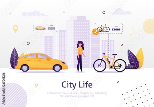 Woman Prefering Driving Bicycle to Car Banner.