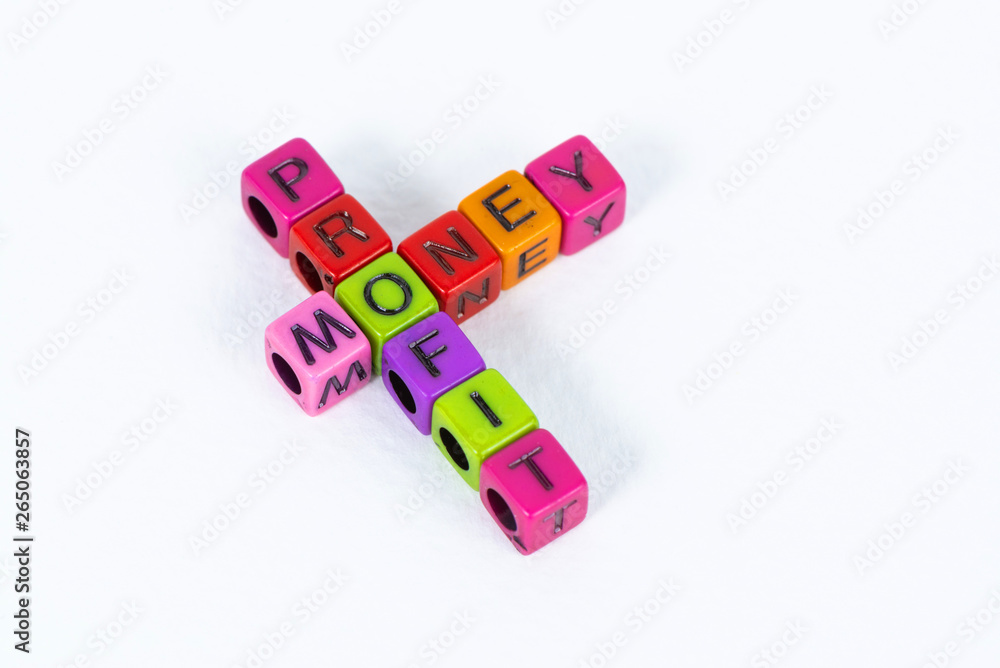 PROFIT and MONEY text made from colorful beads or letter bead on white background, finance and business concept. PROFIT and MONEY text made from colorful beads or letter bead on white background, finance and business concept.