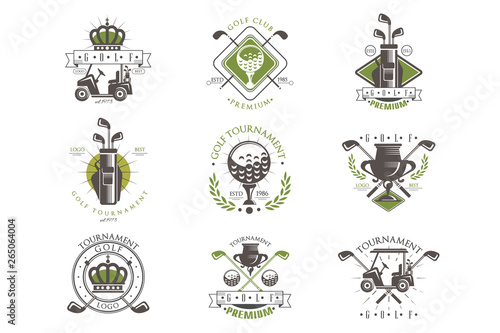 Golf tournament logo set, vintage labels for golf championship, sport club, business card vector Illustration on a white background