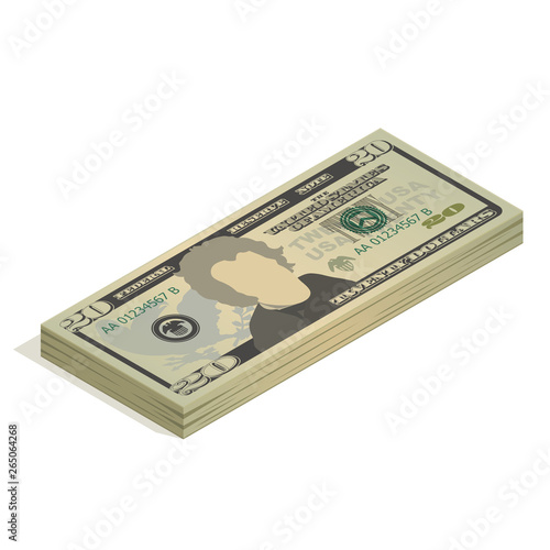 Bundle of twenty dollar bills. Pile of 20 US dollar banknotes, isometric view. Vector illustration isolated on white background