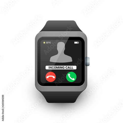 Smart watch with incoming call notification on the screen. Vector illustration of smartwatch icon on white background