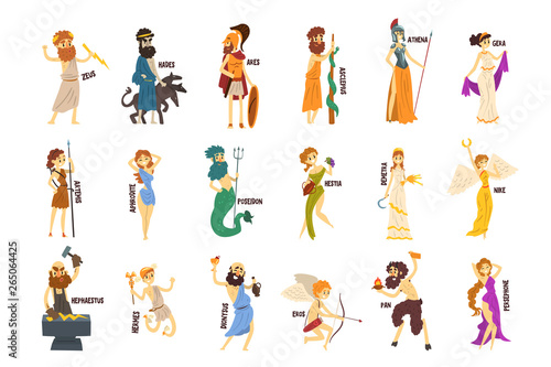 Greek Gods set, Dionysus, Hermes, Hephaestus,Zeus, Hades, Poseidon, Aphrodite, Artemis ancient Greece mythology characters character vector Illustrations