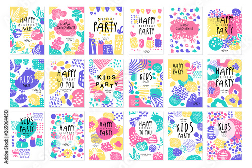 Happy birthday party original design posters set, templates for placard, invitation, poster, card, flyer vector Illustrations