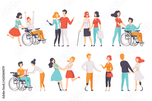 Disabled people having a good time with their friends set, handicapped person enjoying full life vector Illustrations on a white background