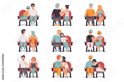 Couples sitting in cinema theatre and watching movie set, men and women on movie date vector