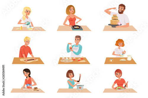 Young man and woman cooking set, people in casual clothing preparing healthy meal in kitchen vector Illustrations on a white background