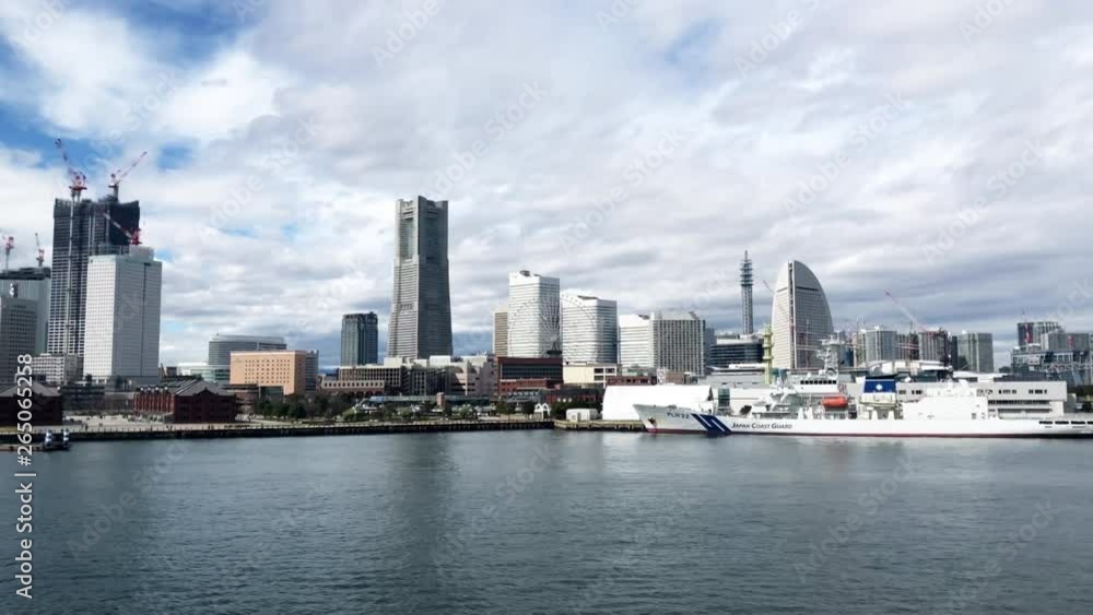 Yokoyama,Japan-Feb 27,2019: Panning view of landmark buildings at the port of Yokoyama, Japan Yokoyama,Japan-Feb 27,2019: Panning view of landmark buildings at the port of Yokoyama, Japan