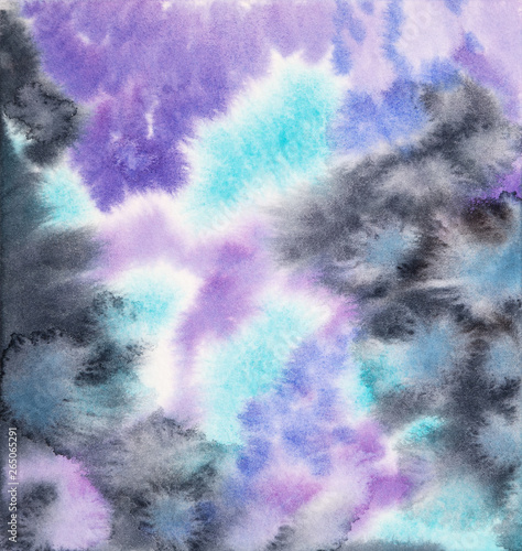 Fantasy grey and violet clouds. Abstract hand painted watercolor texture.