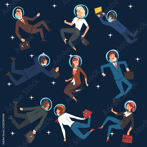 Successful Business People in Suits and Astronaut Helmets Flying in Outer Space Set, Business Development Strategy, Leadership Vector Illustration