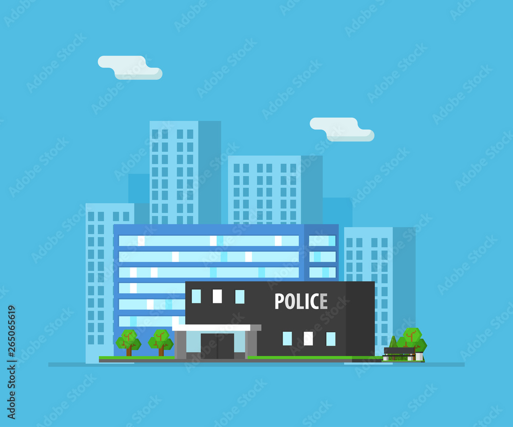 Urban Landscape with Skyscrapers and Police Building Vector Illustration
