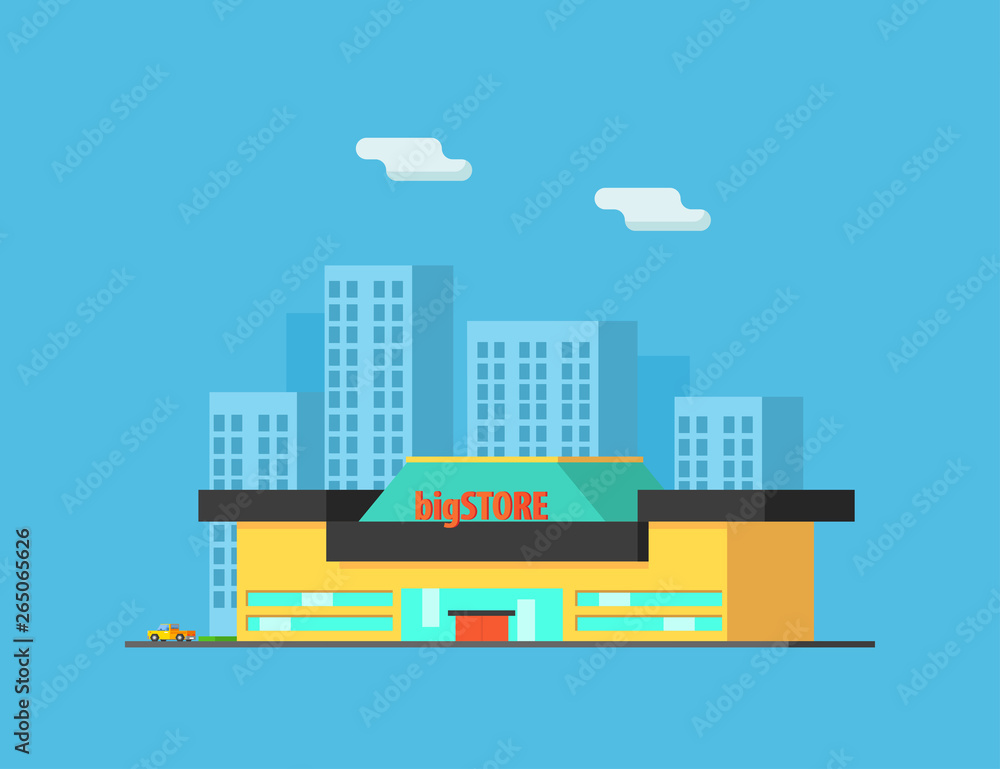 City Landscape with Skyscrapers and Store Building Vector Illustration