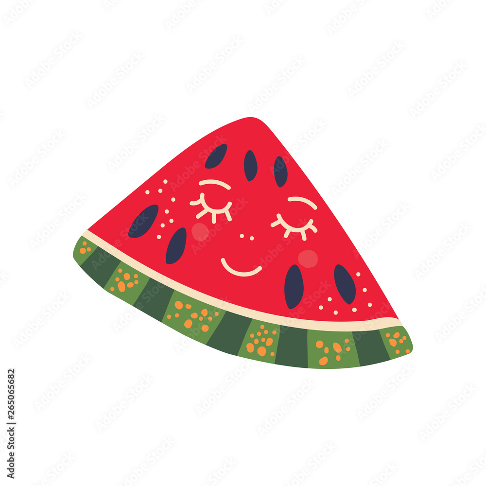 Cute Piece of Ripe Watermelon with Smiling Face, Sweet Adorable Funny Fruit Cartoon Character Vector Illustration Cute Piece of Ripe Watermelon with Smiling Face, Sweet Adorable Funny Fruit Cartoon Character Vector Illustration