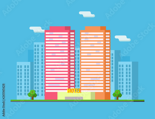 City Summer Landscape with Skyscrapers and Hotel Buildings Vector Illustration