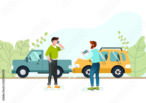 Two men had a road accident. Motor Insurance. Guy calling by cell phone. Another guy taking picture on his mobile phone. Flat vector illustration. Car accident in suburb.